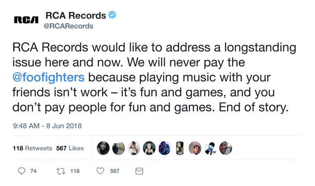 Illustration for article titled Holding Its Ground: RCA Records Just Tweeted It’ll Never Pay The Foo Fighters Because Singing With Your Buds Is Not A Job